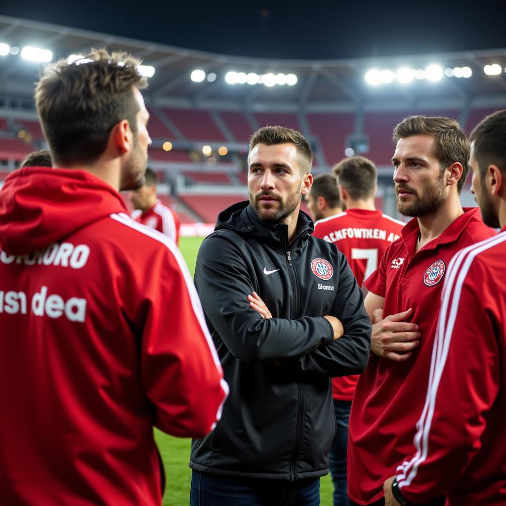 Fans von Bayer 04 Leverkusen diskutieren die Aufstellung gegen 1. FC Köln