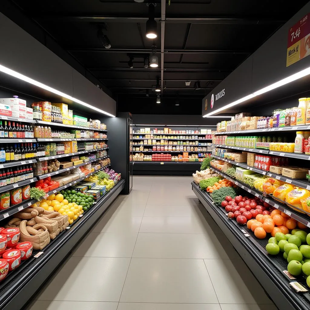 Moderner 24 Stunden Supermarkt in Leverkusen mit gut sortierten Regalen und frischem Obst und Gemüse.