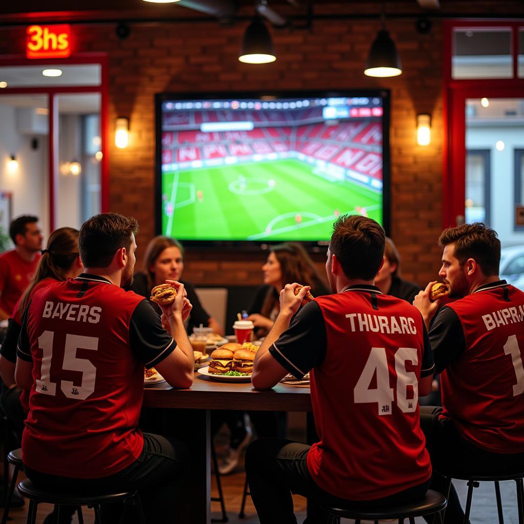 Fußballfans verfolgen das Spiel bei 3hs in Leverkusen