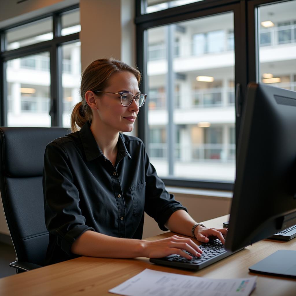 Mitarbeiterin arbeitet am Computer in einem Büro in Leverkusen