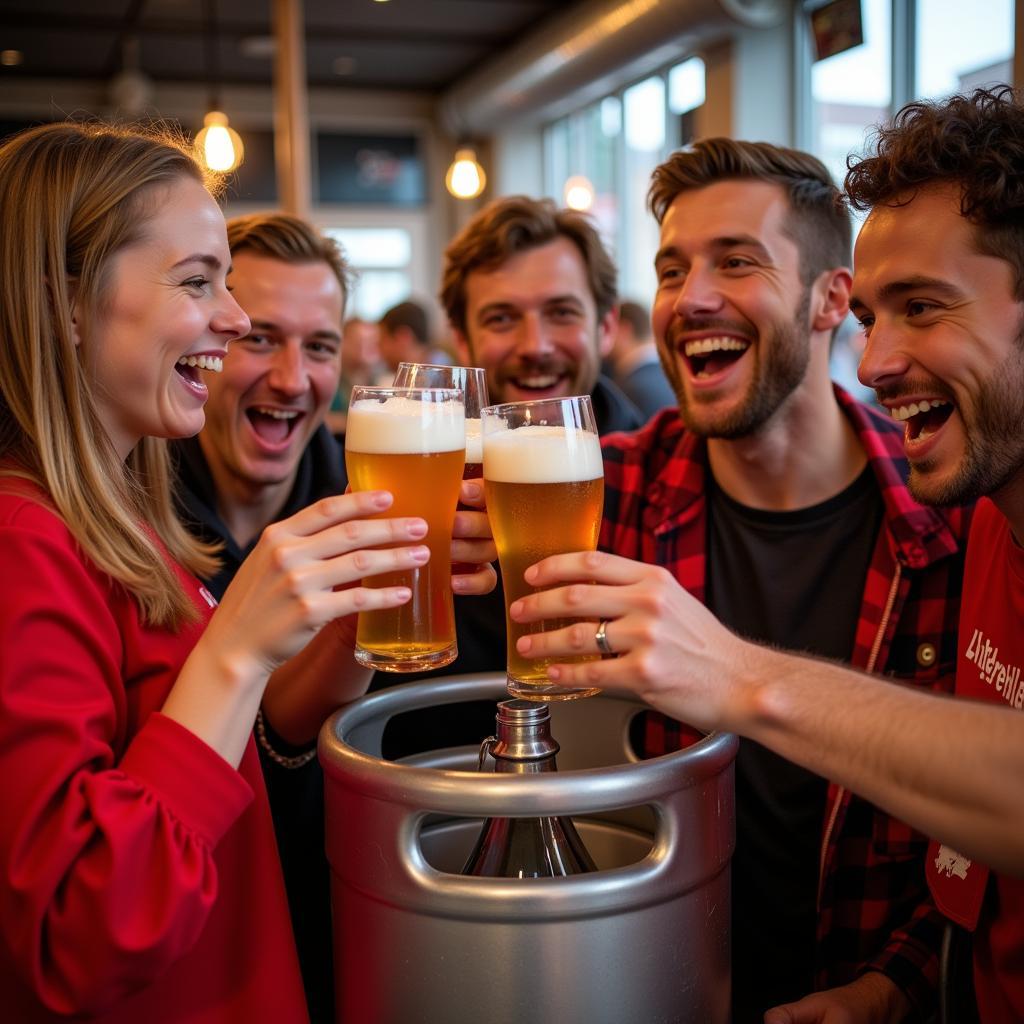 Feiernde Fußballfans in Leverkusen stoßen mit Kölsch aus einem 5-Liter-Fass an