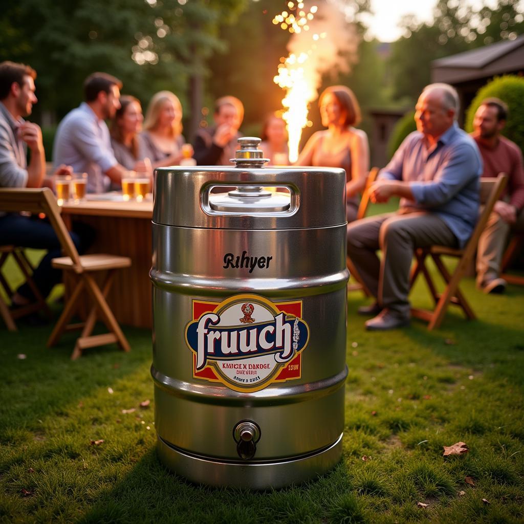 Ein 50 Liter Fass Früh Kölsch steht bereit zum Zapfen auf einer Gartenparty mit feiernden Menschen im Hintergrund.