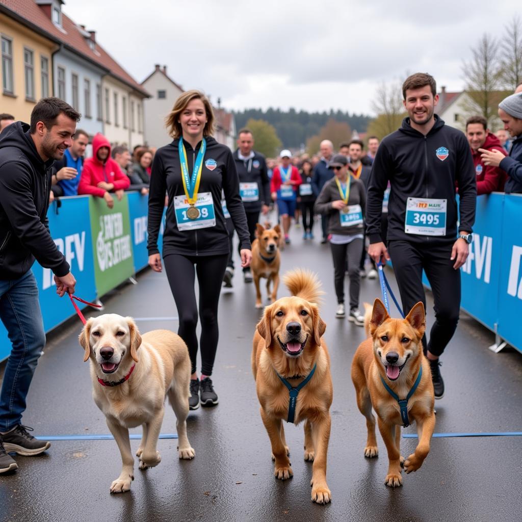 Hunde im Ziel beim 6 Pfoten Lauf Leverkusen 2019