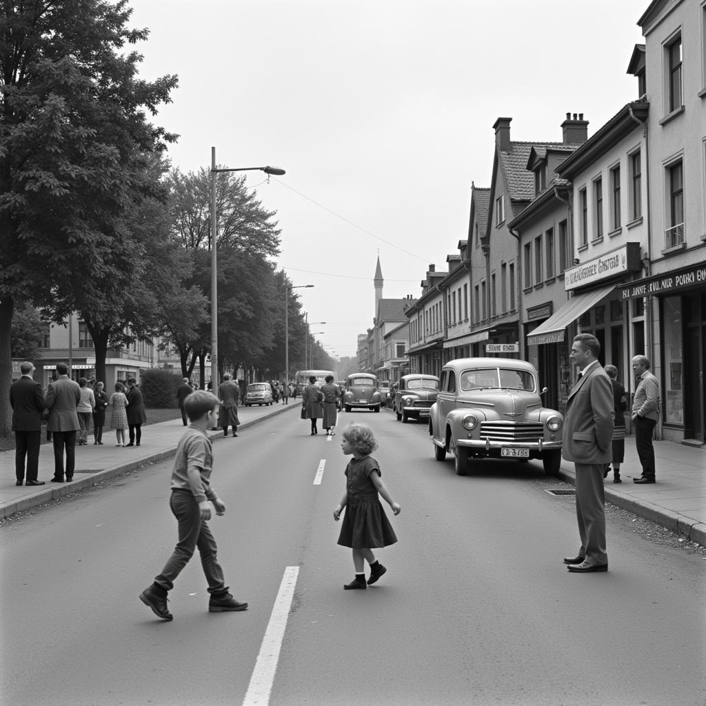 Straßenszene der a.w.v. Straße in Leverkusen in den 1950er Jahren