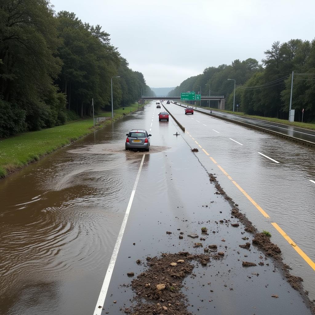 Überschwemmte Autobahn A1 in Leverkusen