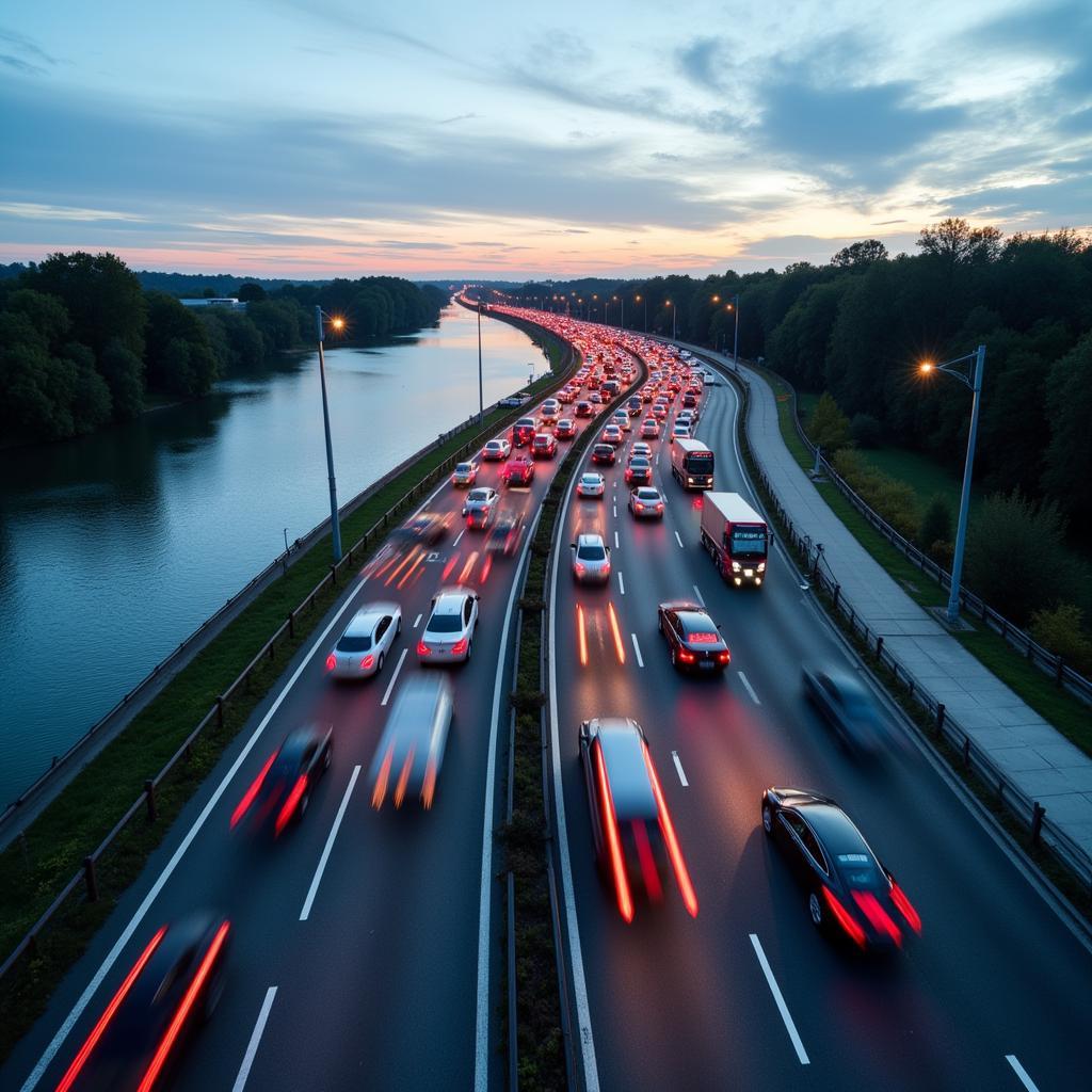 A1 Rheinbrücke Leverkusen Richtung Köln mit starkem Verkehrsaufkommen