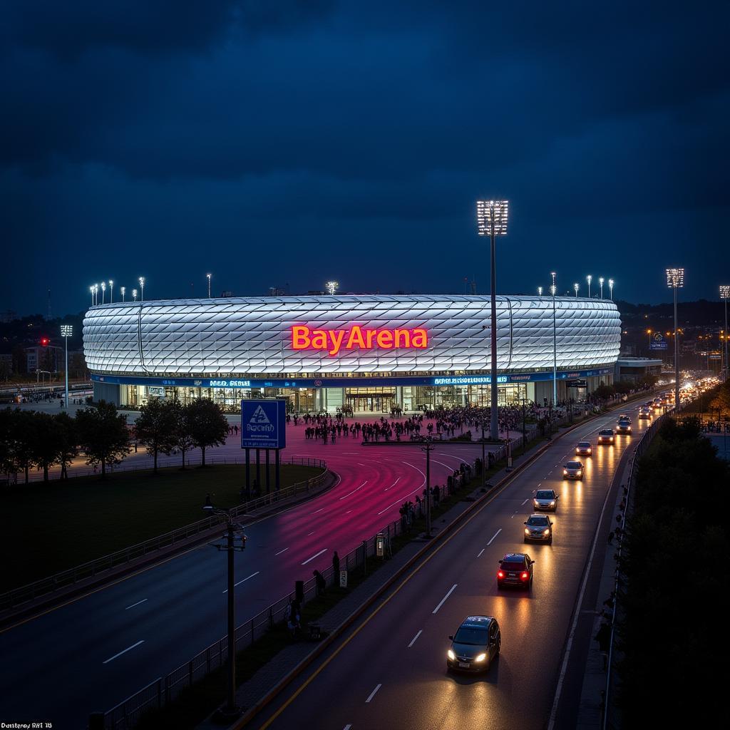 Die BayArena erstrahlt im Flutlicht eines Abendspiels