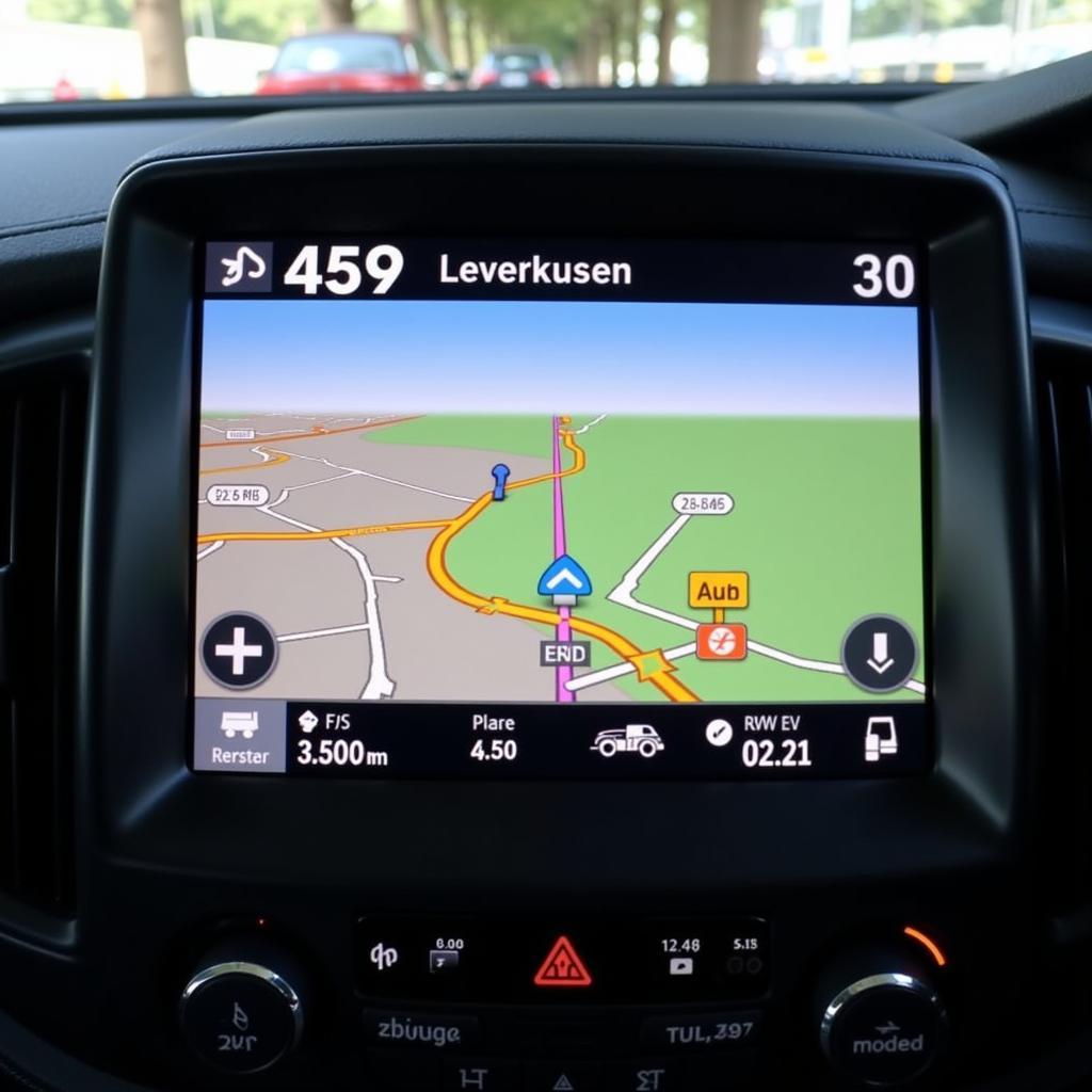 Navigationssystem mit Anzeige der A59 Ausfahrt Leverkusen