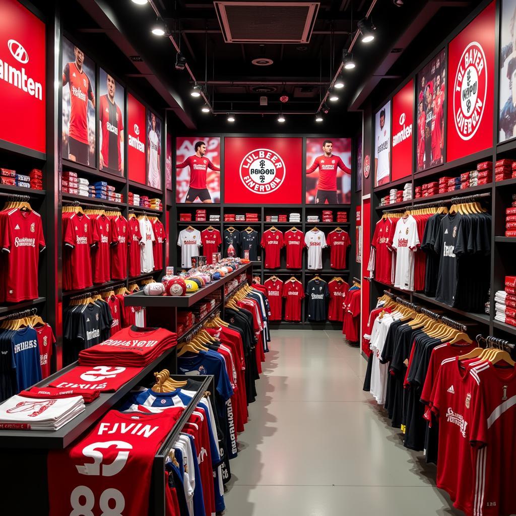 Geschäftiger Fanshop mit Bayer Leverkusen Trikots und Schals