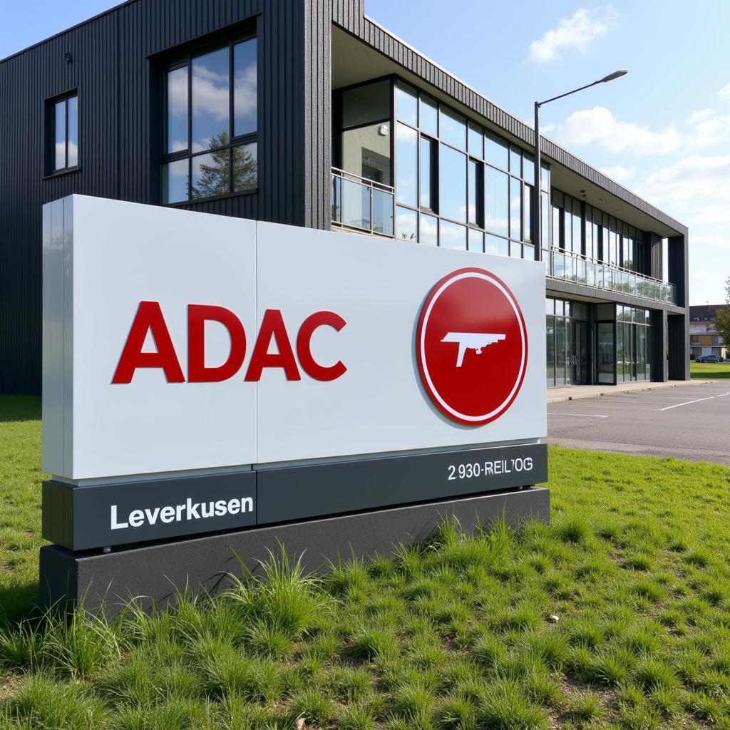 ADAC Schild vor Gebäude Leverkusen