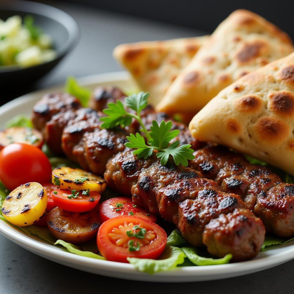 Frisch zubereitetes Adana Kebap serviert mit Fladenbrot und gegrilltem Gemüse