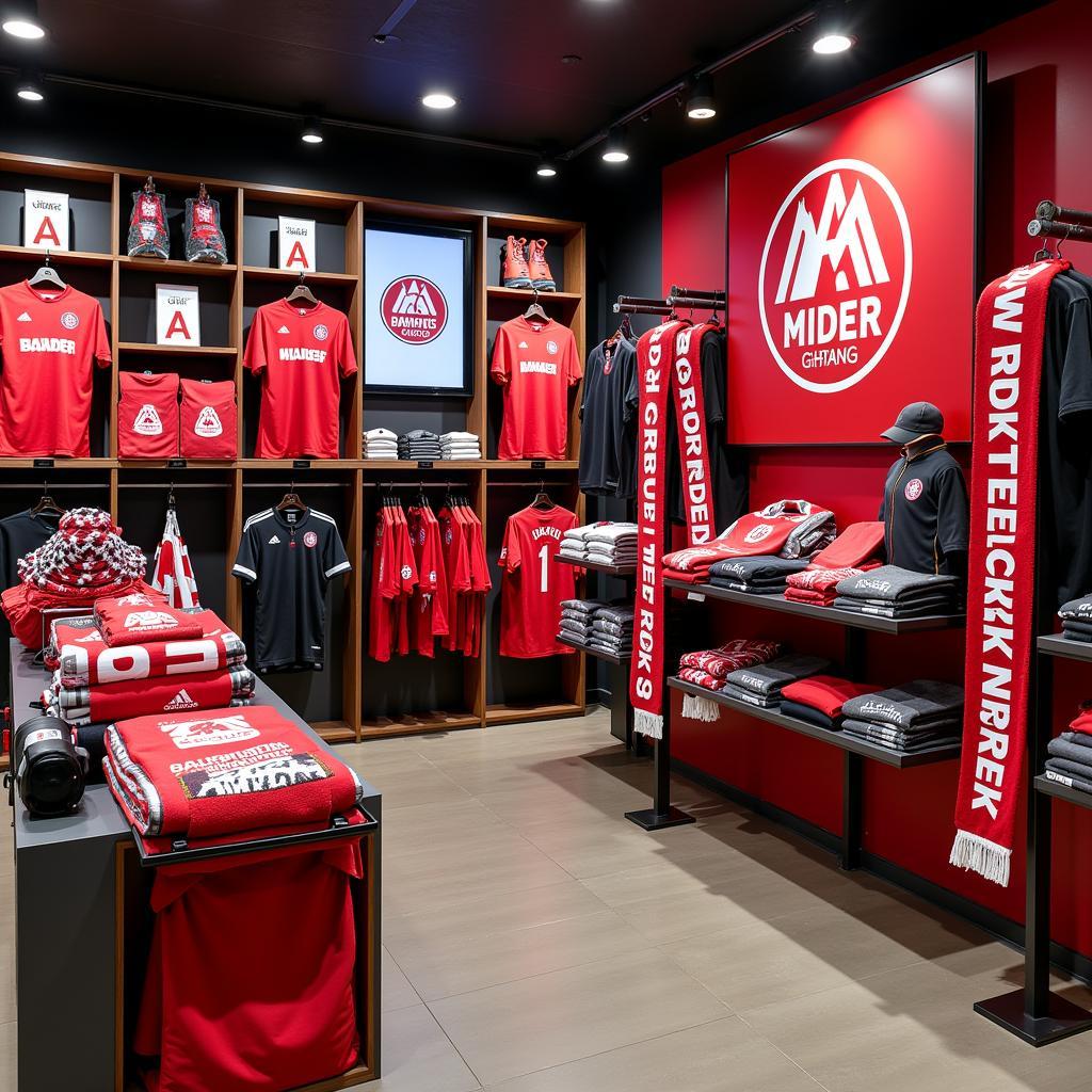 Adler Mode Leverkusen Fanshop: Ein Blick in den Laden mit Trikots und Fanartikeln.