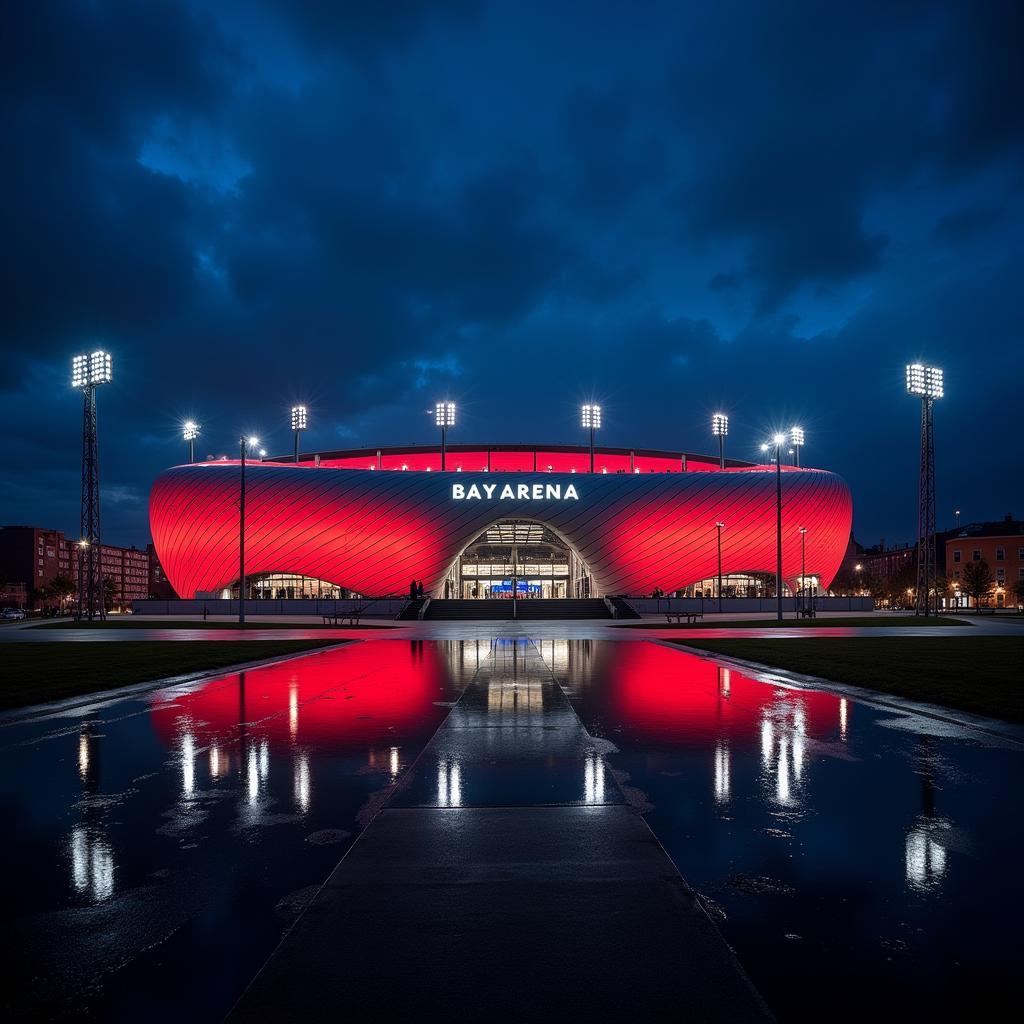 Die BayArena in Leverkusen bei Nacht