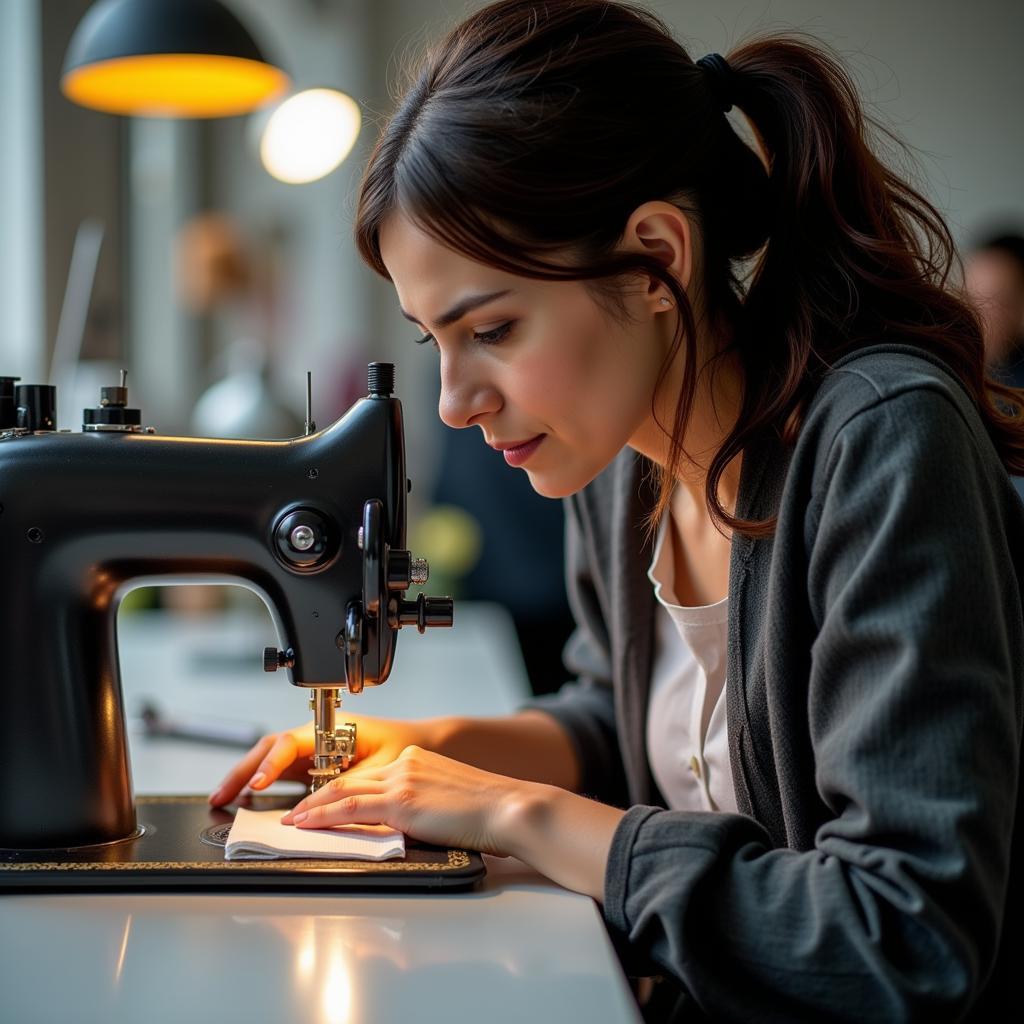 Eine Schneiderin arbeitet an einer Nähmaschine in Leverkusen