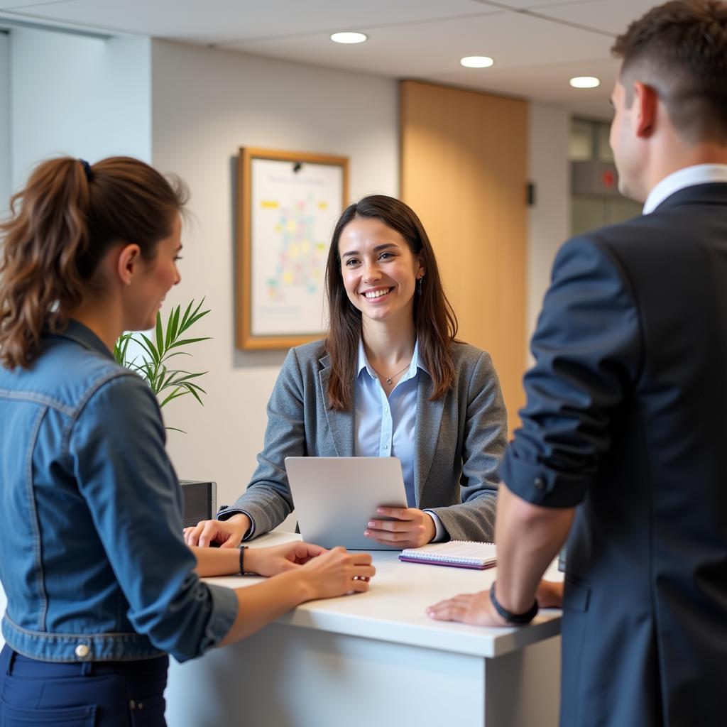 Mitarbeiter der Agentur für Arbeit beraten Kunden am Empfang