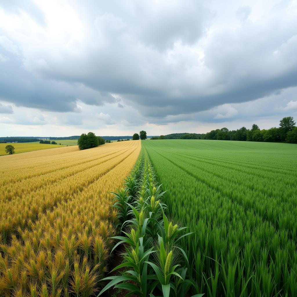 Landwirtschaft in Bayer Leverkusen: Ein Feld mit verschiedenen Feldfrüchten unter bewölktem Himmel.