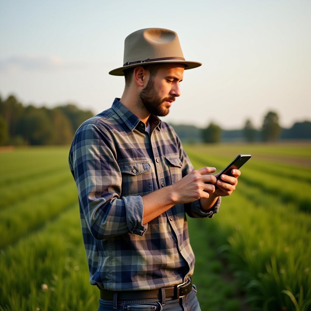 Landwirt checkt das Agrarwetter auf dem Smartphone