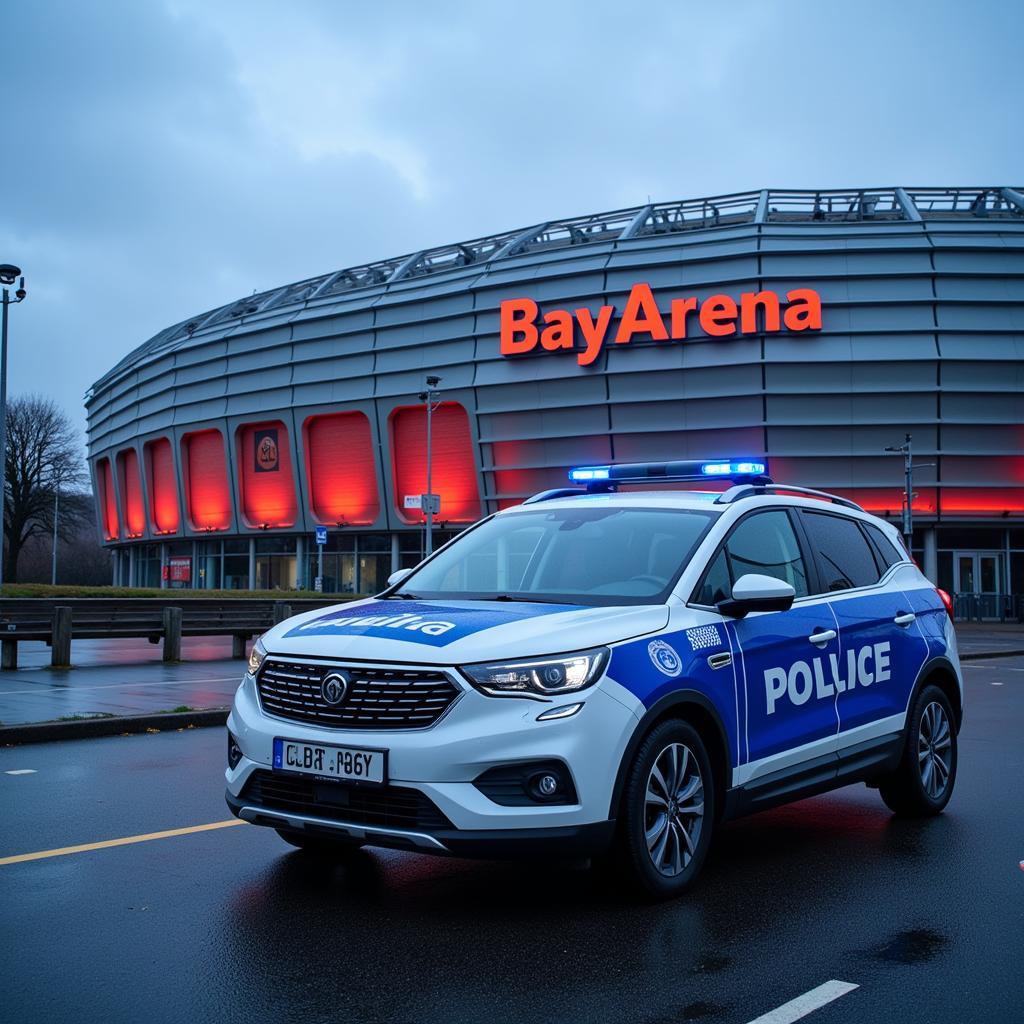 Aktuelle Polizeimeldungen Leverkusen: Sicherheit im Blick - Polizeiwagen vor dem BayArena Stadion.