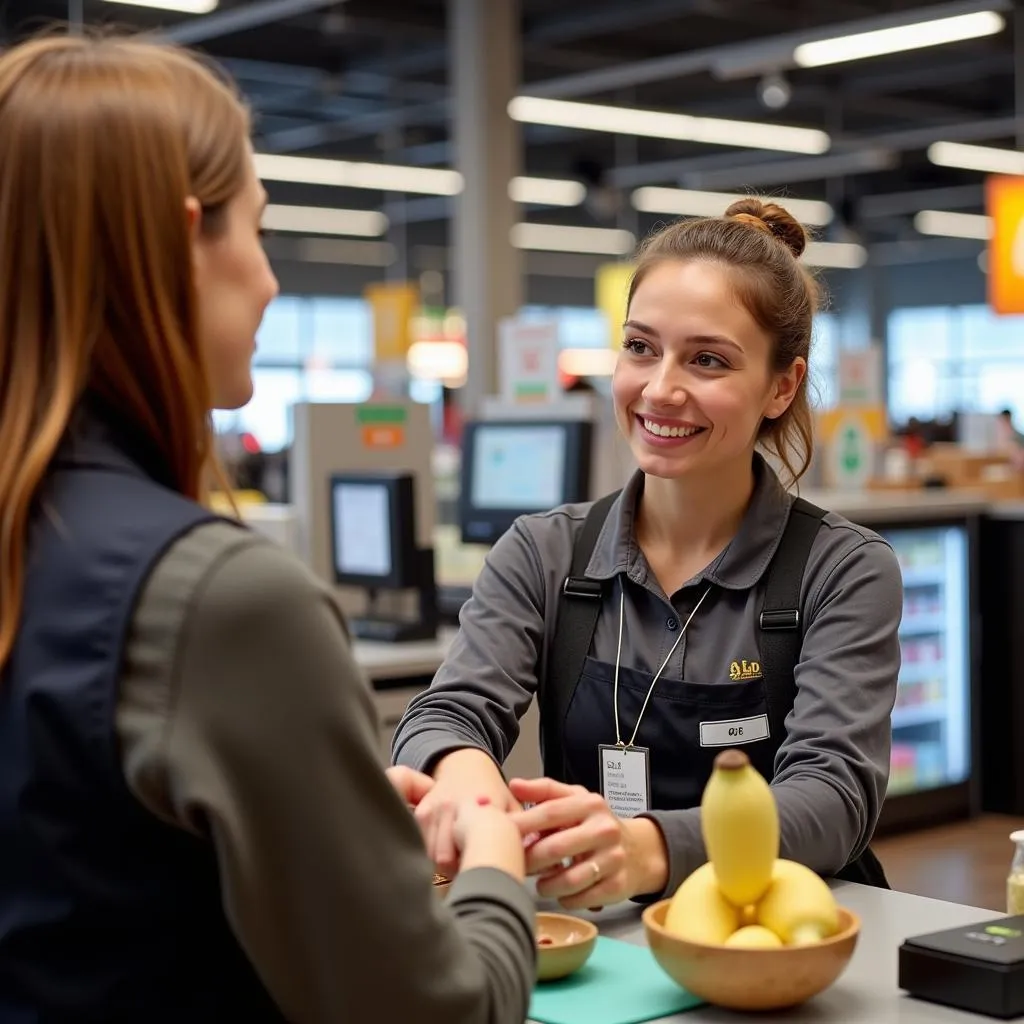 Ein freundlicher Mitarbeiter des Aldi-Marktes in Leverkusen Bergisch Neukirchen an der Kasse