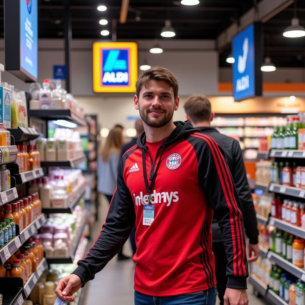 Einkaufen im Aldi Leverkusen Bürrig: Ein Fan von Bayer 04 Leverkusen erledigt seine Einkäufe im Aldi Markt in Bürrig.