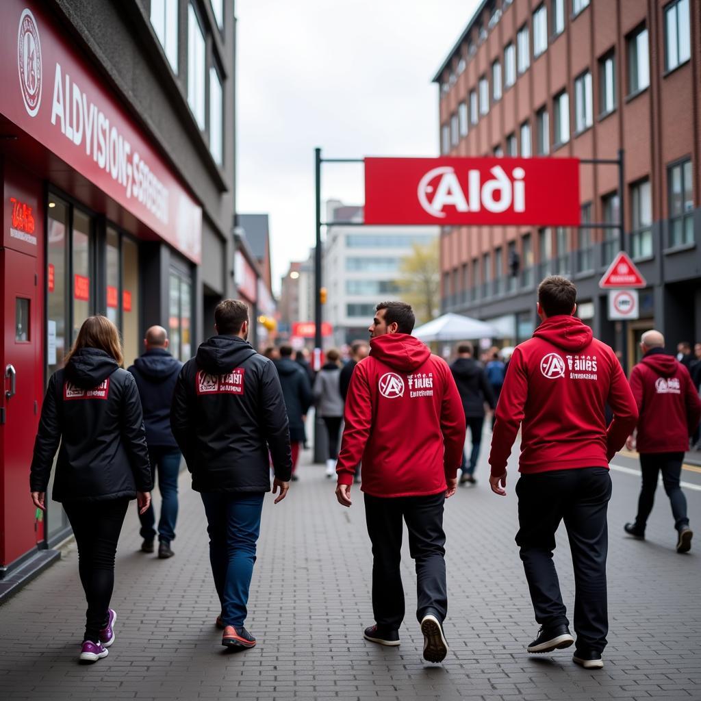 Aldi Leverkusen Bürrig und Fussball:  Fans von Bayer 04 Leverkusen auf dem Weg zum Stadion, vorbei am Aldi in Bürrig. 