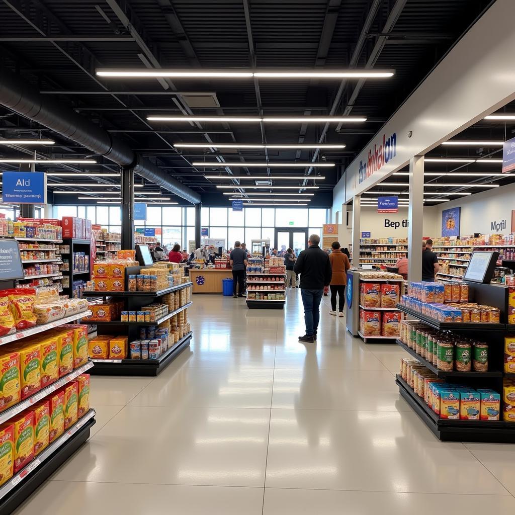 Innenansicht der Aldi Filiale in Leverkusen Küppersteg mit Kunden und Kassenbereich