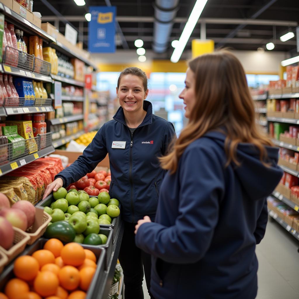 Ein Mitarbeiter der Aldi Filiale in Leverkusen Küppersteg berät Kunden im Laden