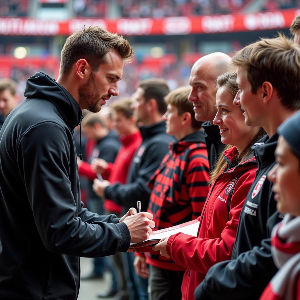 Alexander Nuß mit Fans von Bayer 04 Leverkusen