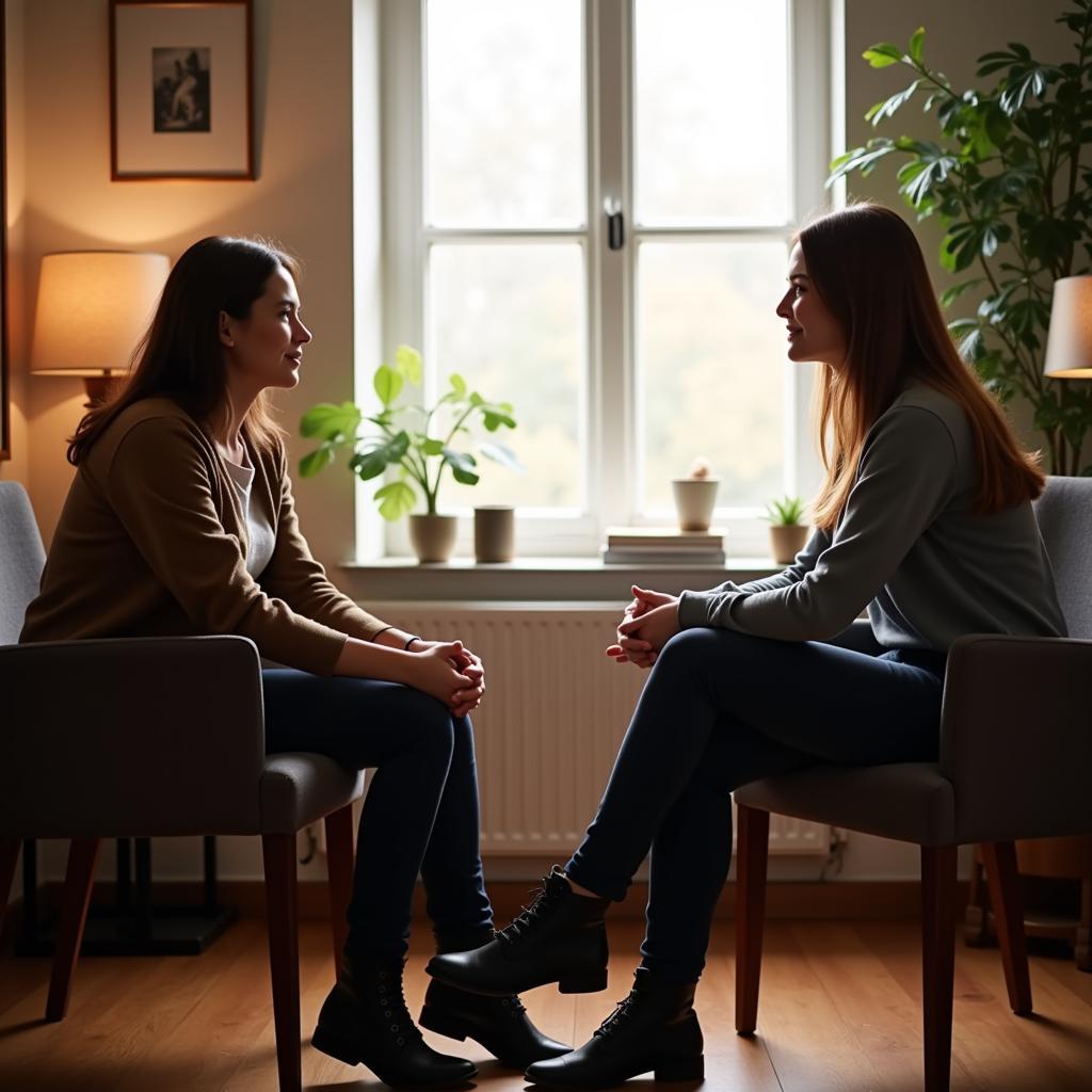 Eine Person sitzt  vertraulich mit einem Berater und spricht über ihre Probleme.