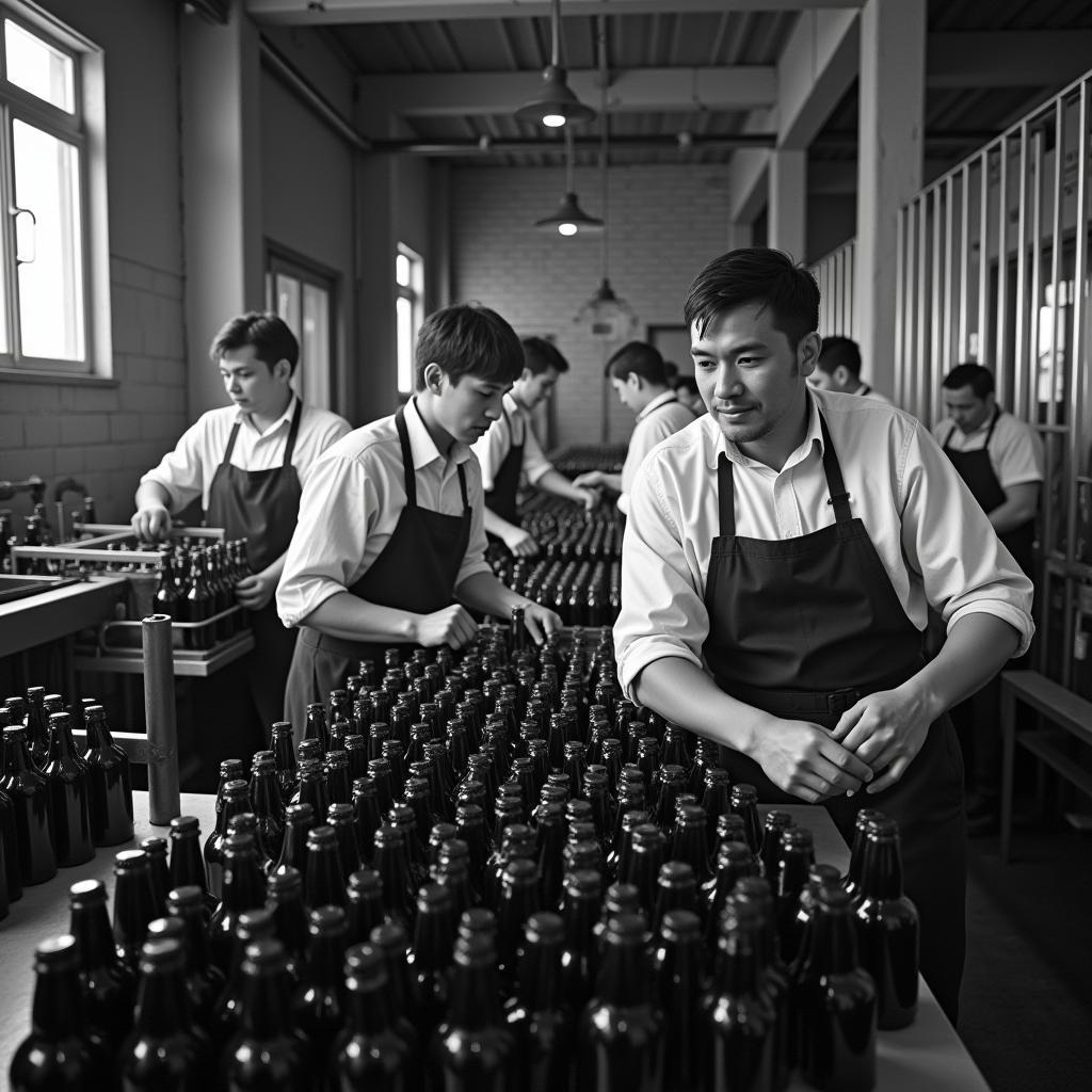 Arbeiter bei der Flaschenabfüllung in der Alten Brauerei