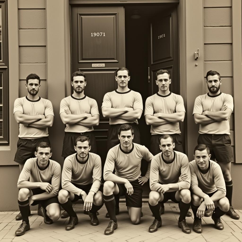 Die Gründermannschaft von Bayer Leverkusen vor dem Gebäude in der Alten Landstraße 26
