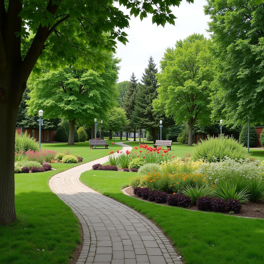 Blick auf den grünen Garten des Altenheims Talstraße