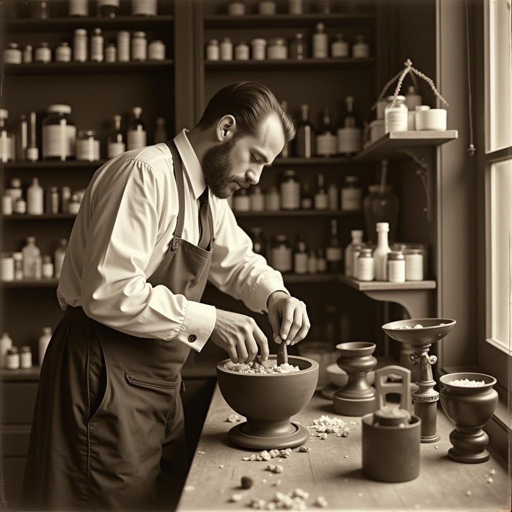 Ein Apotheker bei der Herstellung von Medikamenten in der Altstadt Apotheke