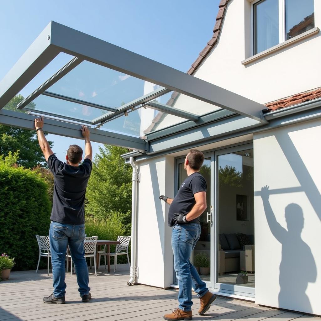 Montage einer Aluminium Terrassenüberdachung in Leverkusen