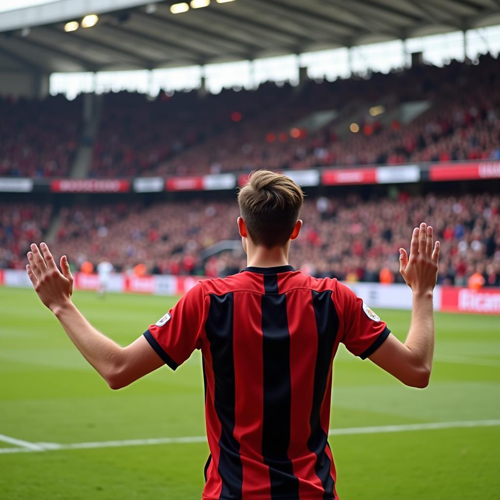 Ambrosius Schmidt feiert Tor mit Leverkusen Fans