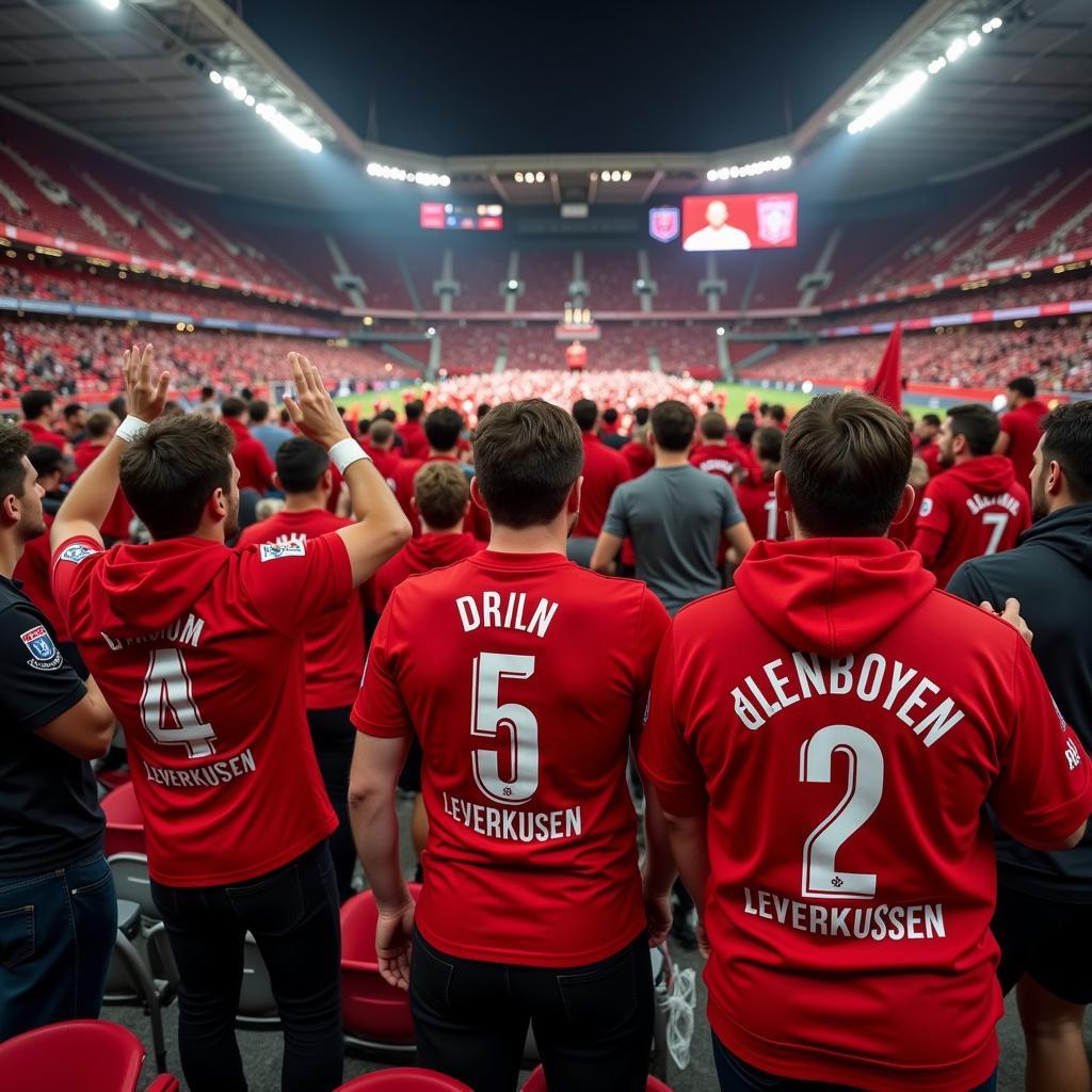 Eine Gruppe von Fans in Amn Couture Leverkusen Kleidung feiert im Stadion.