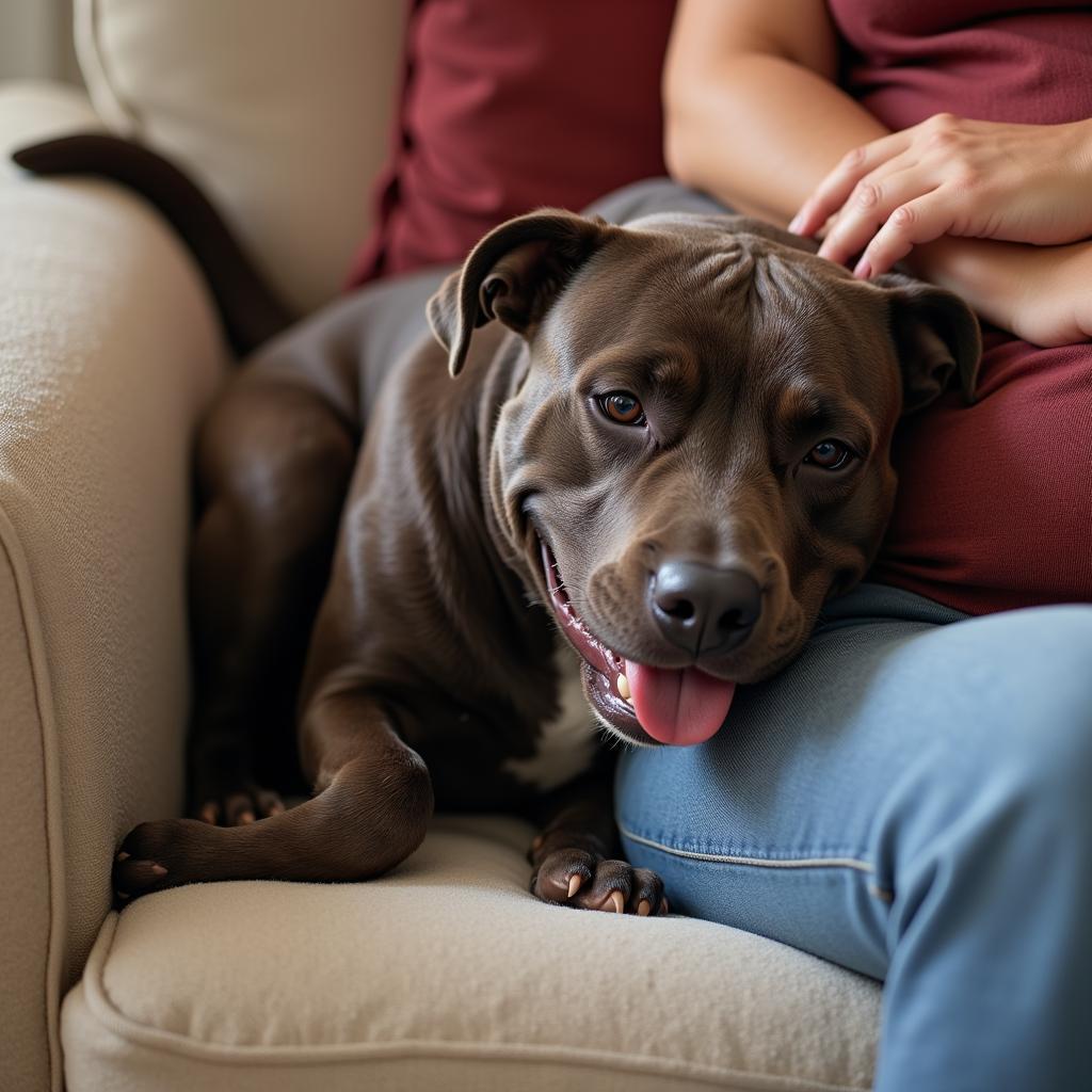 Ein Amstaff kuschelt mit seinem Besitzer auf dem Sofa.