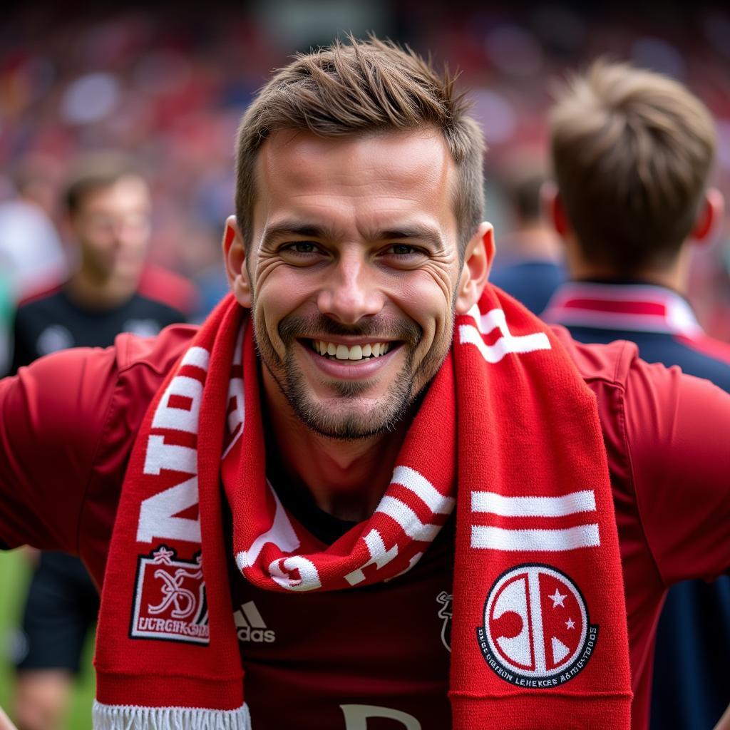 Andreas Kupczyk, ein begeisterter Fan von Bayer Leverkusen, zeigt stolz seinen Vereinsschal.