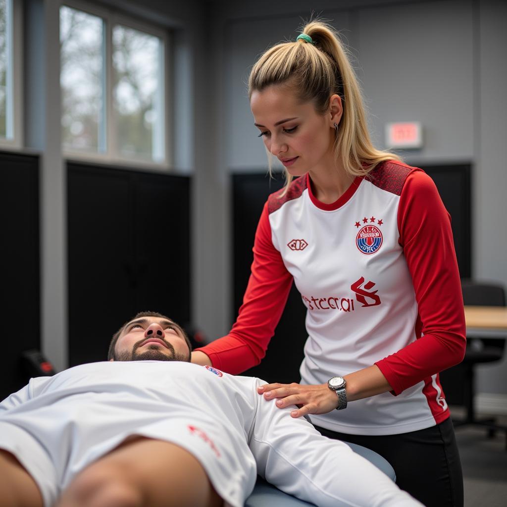 Anette Spanier bei der Behandlung eines Spielers von Bayer Leverkusen