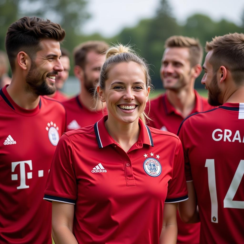 Anna Groß mit Spielern von Bayer 04 Leverkusen