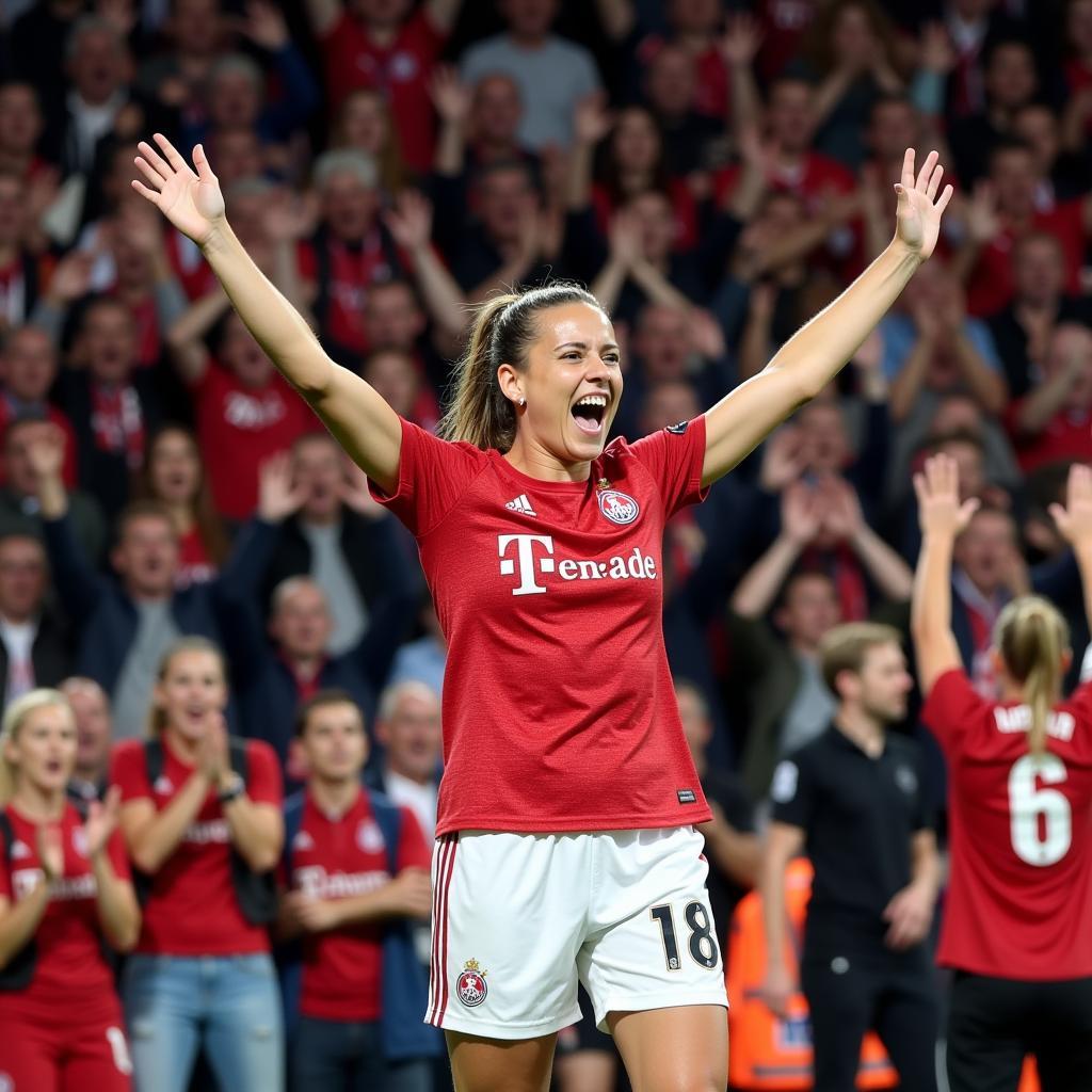 Anna Pilote Schäfer feiert ein Tor mit den Fans von Bayer Leverkusen