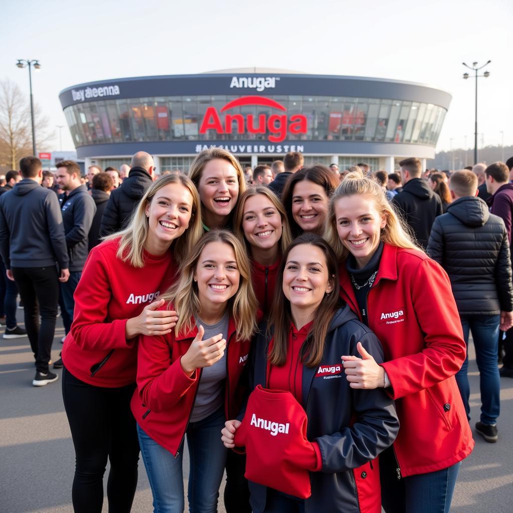 Anuga-Besucher posieren vor der BayArena Leverkusen