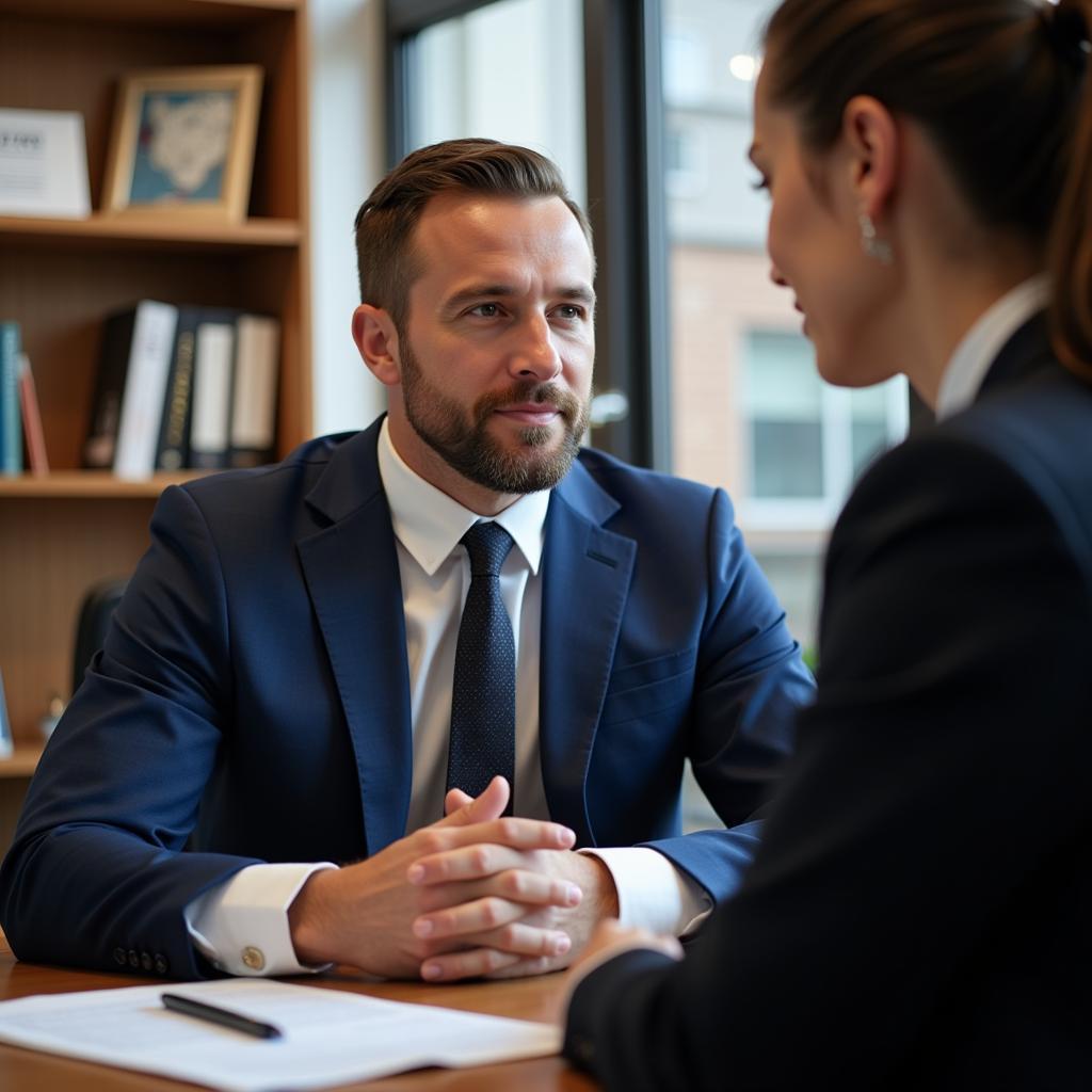 Anwalt berät Mandanten im Büro zum Thema Arbeitsrecht