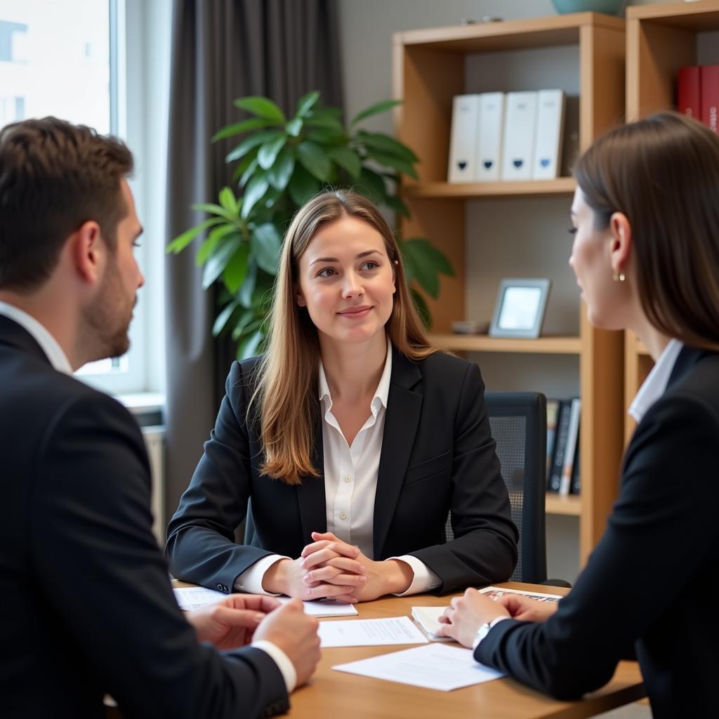 Anwältin führt ein Gespräch mit einem Mandanten in ihrem Büro in Leverkusen.