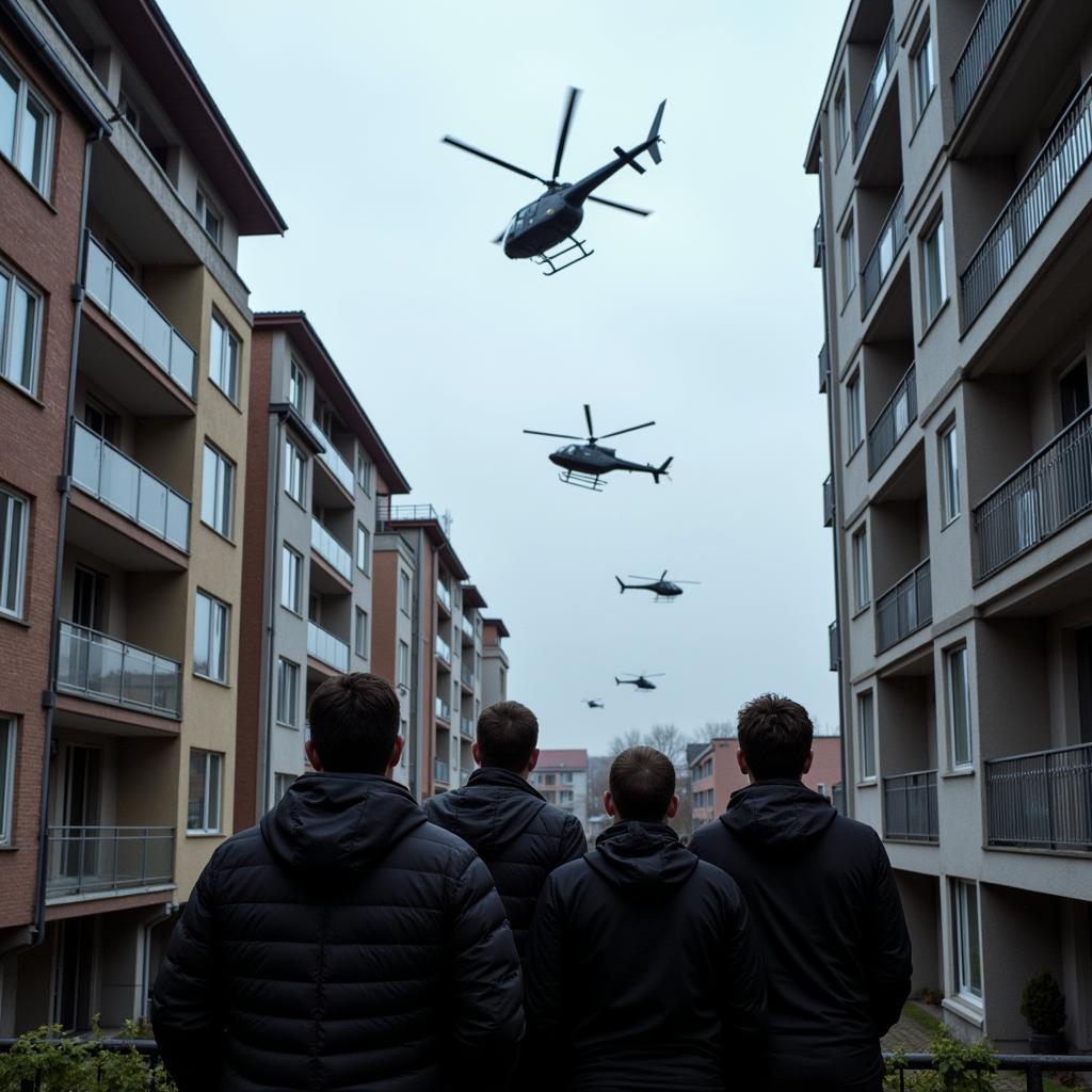 Besorgte Anwohner beobachten die Hubschrauberformation vom Balkon aus