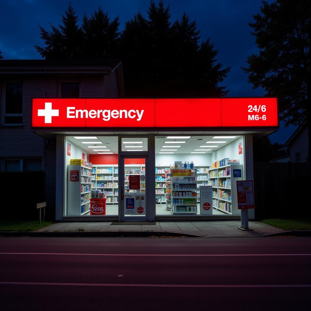 Apotheke mit beleuchtetem Notdienst-Schild im Dunkeln