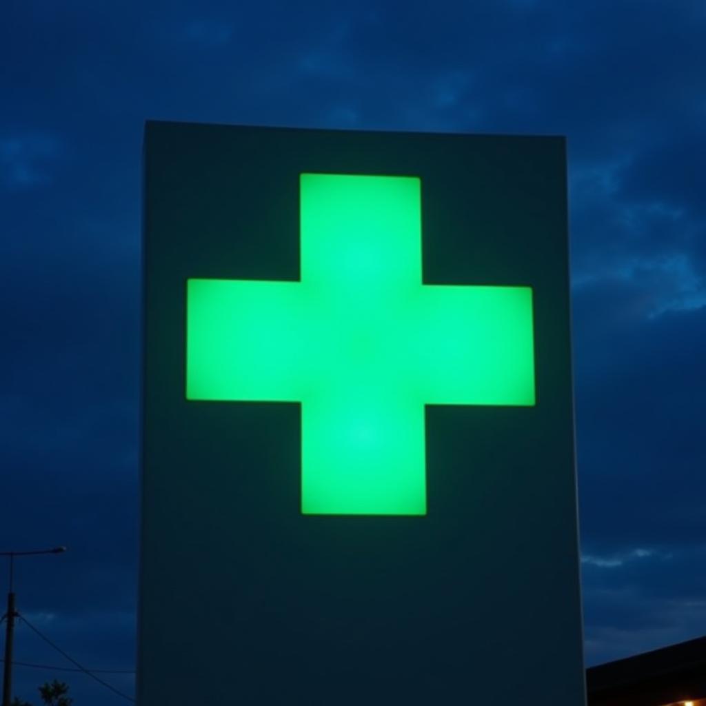 Beleuchtetes Apothekenkreuz bei Nacht in Leverkusen