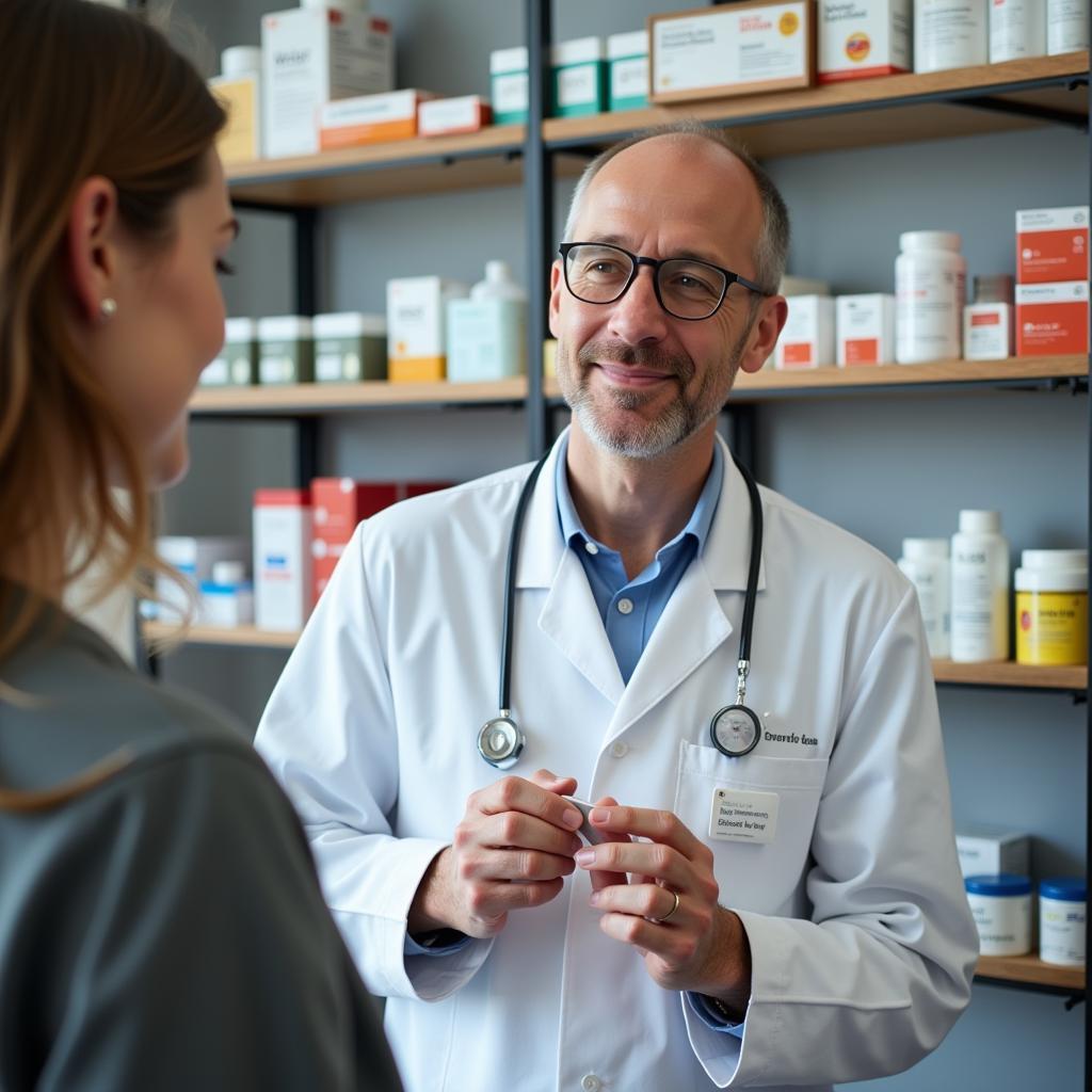 Ein Apotheker berät Kunden zu Medikamenten in einer Apotheke in Leverkusen Rheindorf