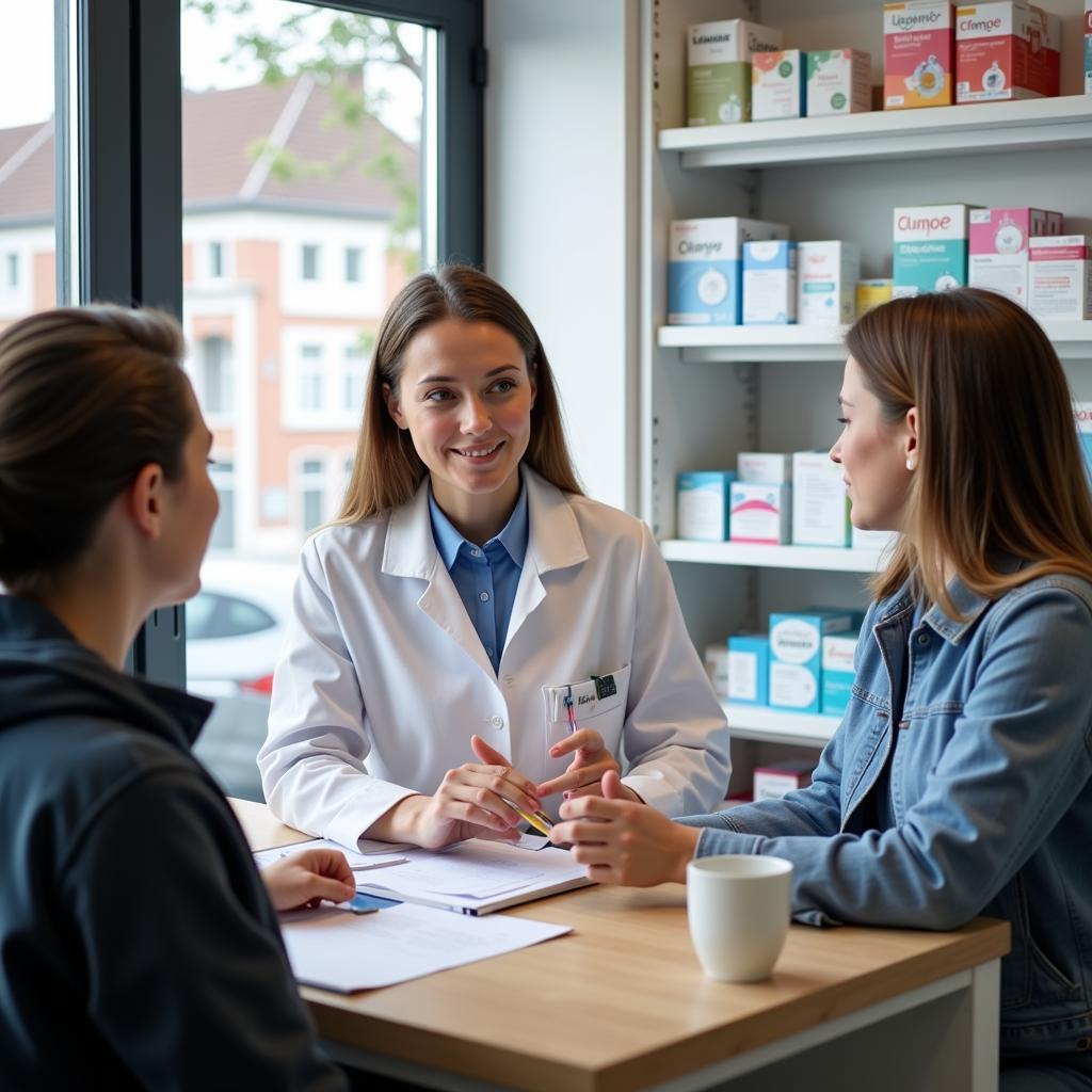 Eine Apothekerin berät Kunden in einer Apotheke