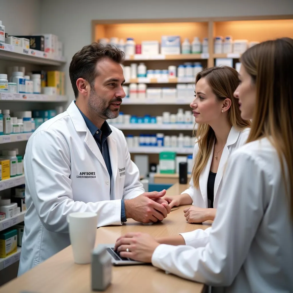 Eine Apothekerin berät Kunden in der Apotheke Leverkusen Mathildenhof.